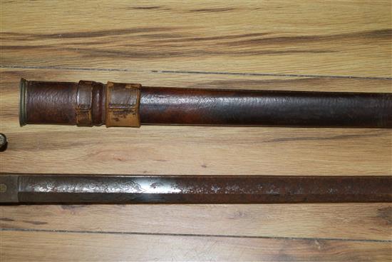 An 1821 pattern WWI George V Royal Artillery officers sword with leather-covered scabbard